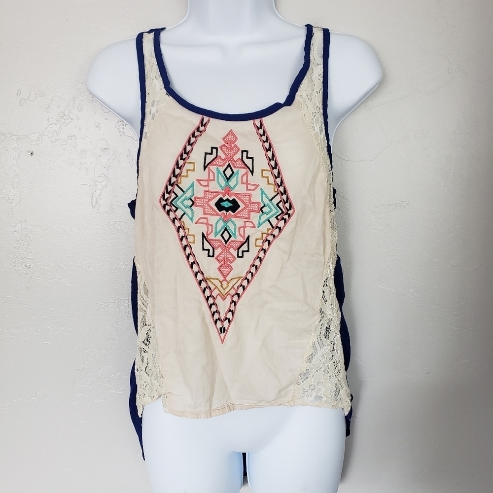 Kate Collection Blue High Low Tank Top Embroidery